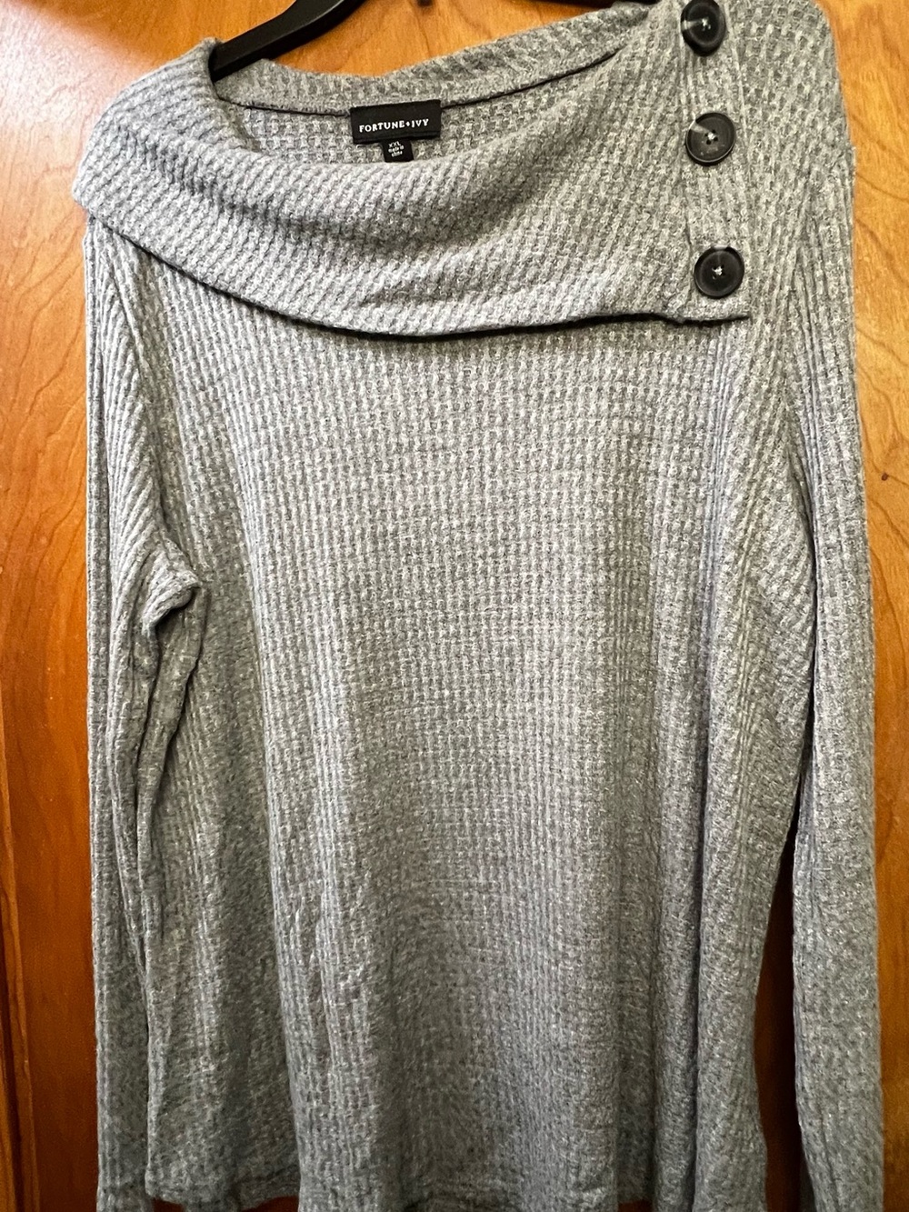 Fortune + Ivy Gray Waffle-Knit Cowl Neck Top